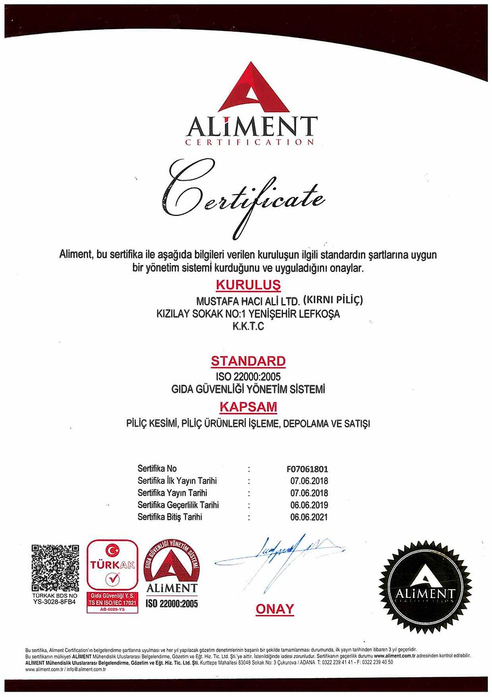 ISO 22000 sertifikası